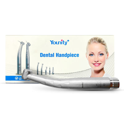 Younity dental handpiece displayed with packaging, highlighting its precision and ergonomic design for dental professionals.
