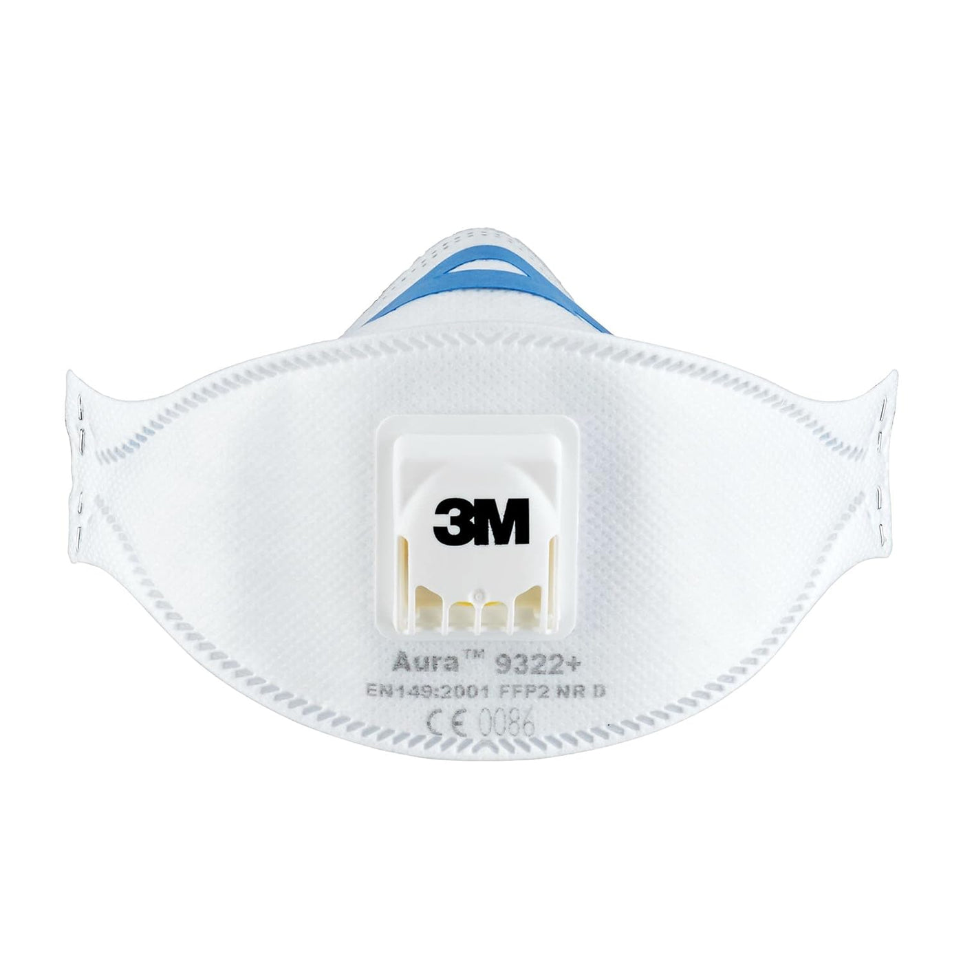 Front view of a VSDent 3M Mask 9322+ Flat Fold Particulate Respirator with a white foldable design, featuring a built-in exhalation valve at the center and the 3M logo prominently displayed. The mask edges and the valve have a subtle blue lining. It also includes a low breathing resistance filter for added comfort. (9490814566710)