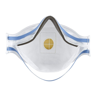 The VSDent 3M Mask 9322+ Flat Fold Particulate Respirator features a blue trim around the edges and is shown from the inside. It has a low breathing resistance filter with a white valve at the center and gray padding along the top inner edge for comfort. The mask is equipped with blue elastic head straps for convenience. (9490814566710)