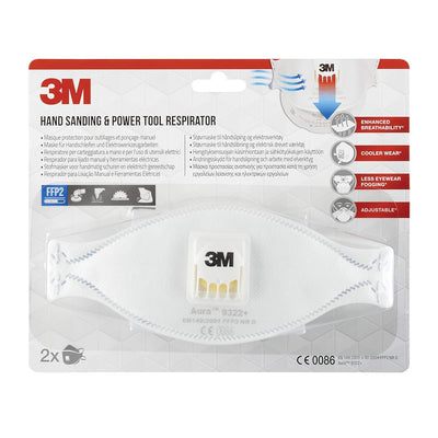 Packaging of the VSDent 3M Mask 9322+ Flat Fold Particulate Respirator, featuring an image of the folded white mask with blue accents. Packaging highlights enhanced breathability with a low breathing resistance filter, cooler wear, less eyewear fogging, and adjustability. (9490814566710)