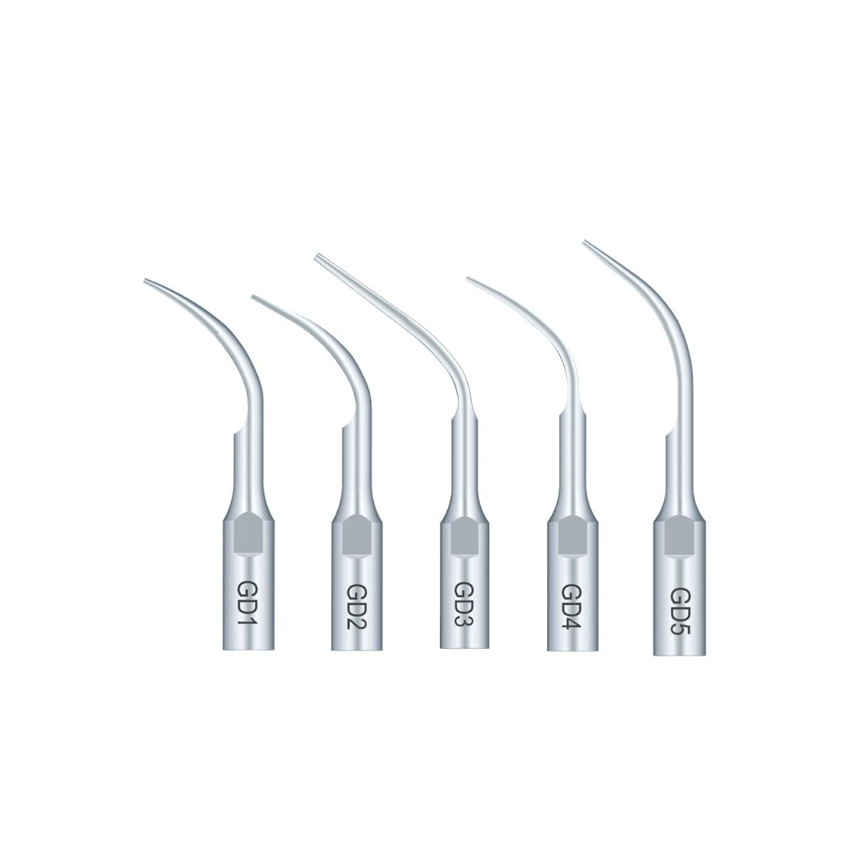 A set of five metallic dental scaler tips labeled GD1, GD2, GD3, GD4, and GD5. Each tip has a slightly different curved design, with GD1 being the straightest and GD5 the most curved. Buy X Get Y or enjoy BOGOS deals on select items when you purchase this set of 🎁 Scaler Tips SATELEC/ DTE Compatible (Series GD) (100% off) from VSDent today! (9497051889974)