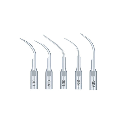 A set of five metallic dental scaler tips labeled GD1, GD2, GD3, GD4, and GD5. Each tip has a slightly different curved design, with GD1 being the straightest and GD5 the most curved. Buy X Get Y or enjoy BOGOS deals on select items when you purchase this set of 🎁 Scaler Tips SATELEC/ DTE Compatible (Series GD) (100% off) from VSDent today! (9497051889974)