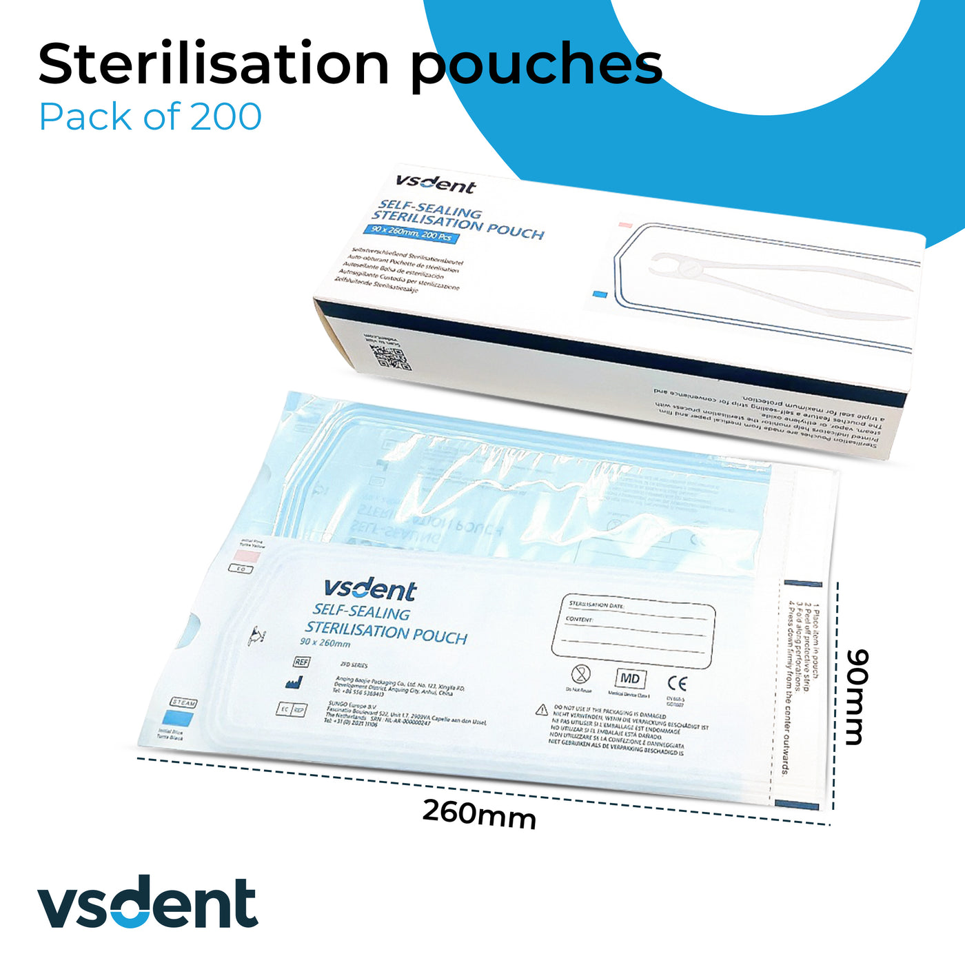 Self Sealing Sterilisation Pouches 90x260mm (Pack of 200) (9050557841718)