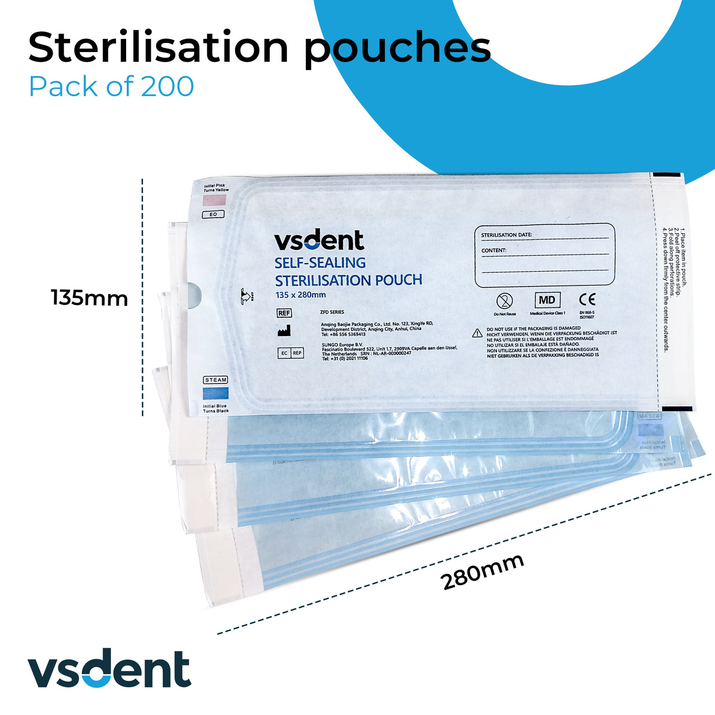 Self Sealing Sterilisation Pouches 135mmx280mm (Pack of 200) (9388148654390)