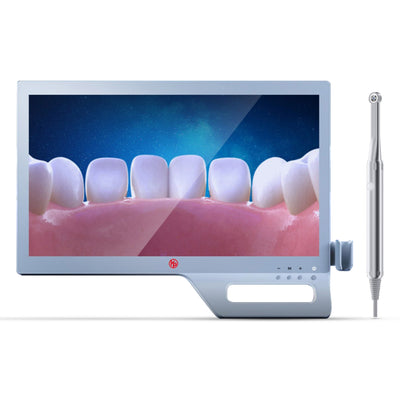A dental monitor displaying an image of a set of teeth. Next to the monitor is a VSDent Intraoral Camera KP Cam-one, used for capturing detailed images inside the mouth. The screen shows clean, white teeth against a blue background. (8951571841334)