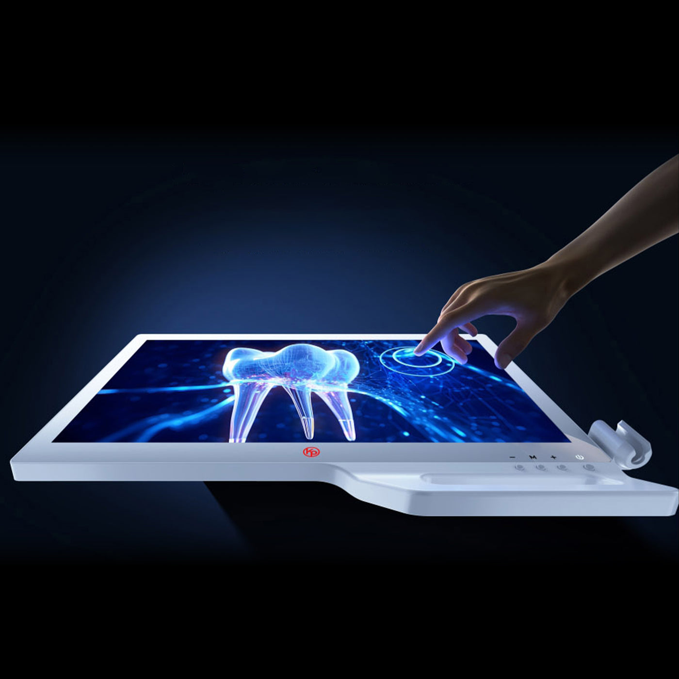 A hand interacts with a futuristic, illuminated touchscreen display showing a 3D hologram of a tooth captured by an Intraoral Camera KP Cam-one by VSDent. The background is dark, emphasizing the bright and intricate holographic image. (8951571841334)