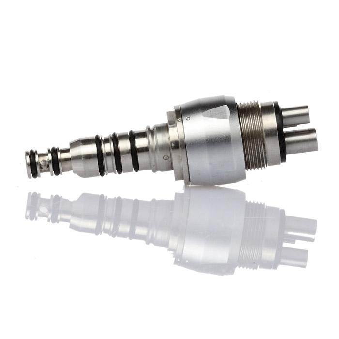 A metallic mechanical component with a reflective surface, featuring a cylindrical body with multiple sections and grooves, lying horizontally on a white background. This VSDent 🎁 KAVO Compatible Quick Coupling (100% off) has a conical tip on one end and threaded sections near the other. (9497053036854)