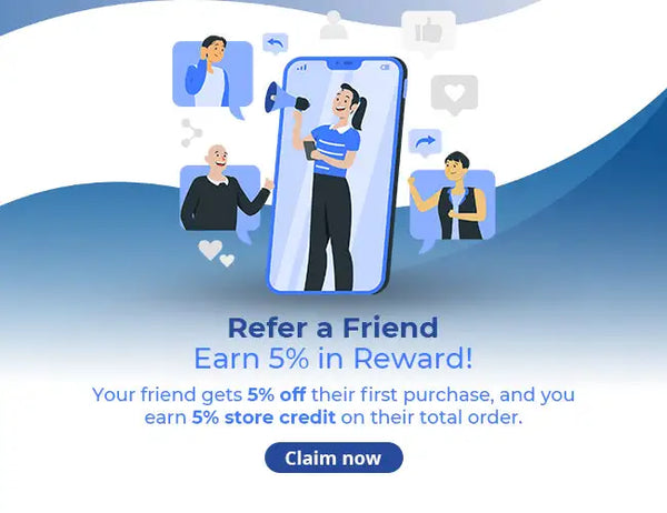 Promotional graphic for a referral program with a smartphone screen showing people interacting, and text about earning rewards.