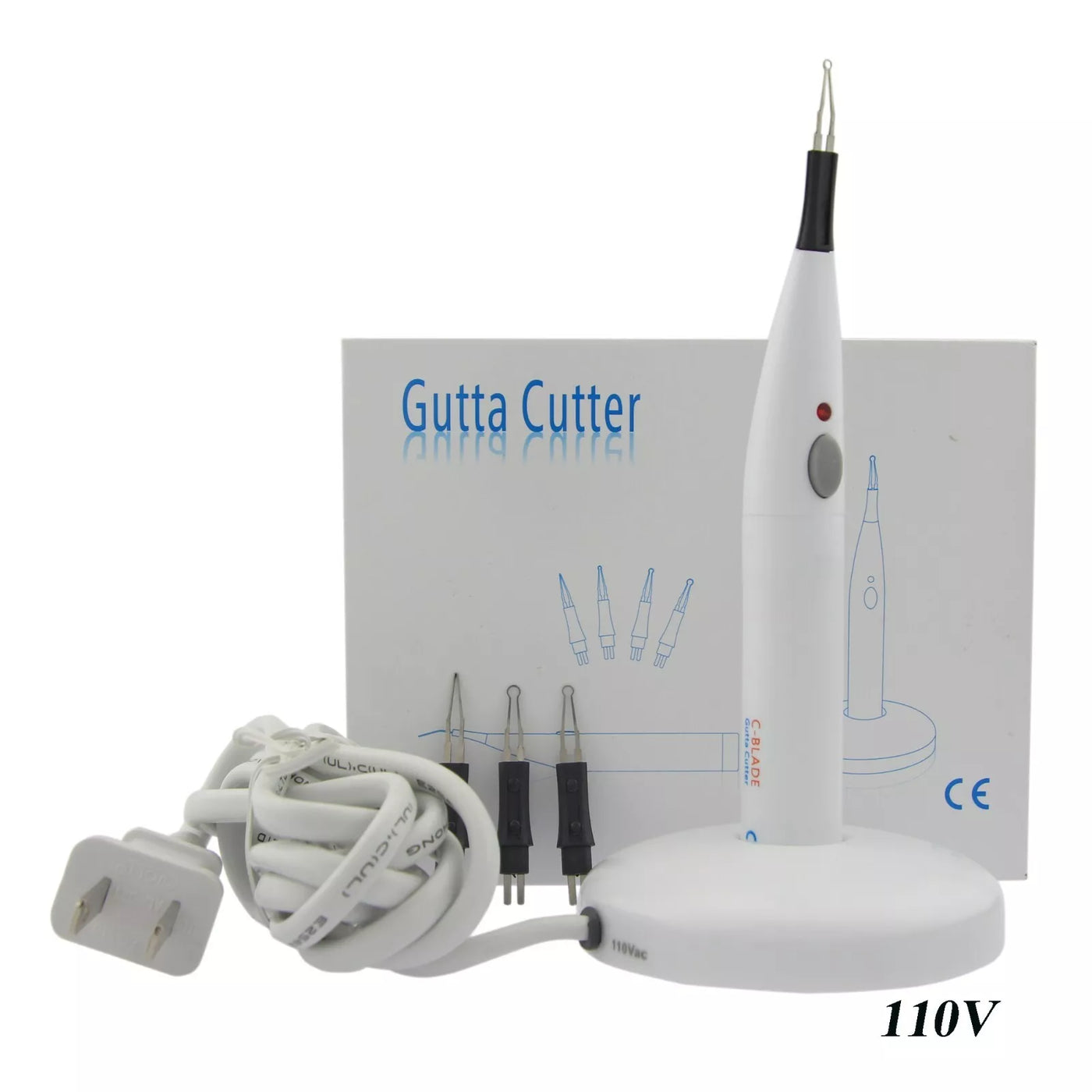 Image of a C-Blade Cordless Gutta Percha Cutter with white casing and a red button near the tip. The tool is placed on a wireless charging base with a power cord and plug. Behind it, there is a box displaying the tool's image and accessories. Text reads "VSDent C-Blade Cordless Gutta Percha Cutter with 4 Tips 110V. (4119993319523)