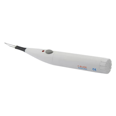 Image of a white handheld medical device labeled "C-Blade Cordless Gutta Percha Cutter with 4 Tips" by VSDent with a pointed tip, designed for electrosurgery. Featuring a black handle, red light indicator, and side button, this rechargeable handpiece is CE certified. (4119993319523)