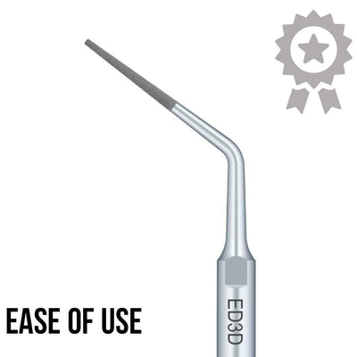 A close-up image of a dental tool with a fine, pointed tip marked "ED3D". It highlights "Ease of Use" in bold black text at the bottom left corner and features a gray award ribbon icon at the top right corner, signifying high quality or achievement. Perfect for buy 🎁 Diamond Coated Scaler Tips SATELEC/ DTE Compatible (ED) (100% off) promotions by VSDent. (9497051955510)