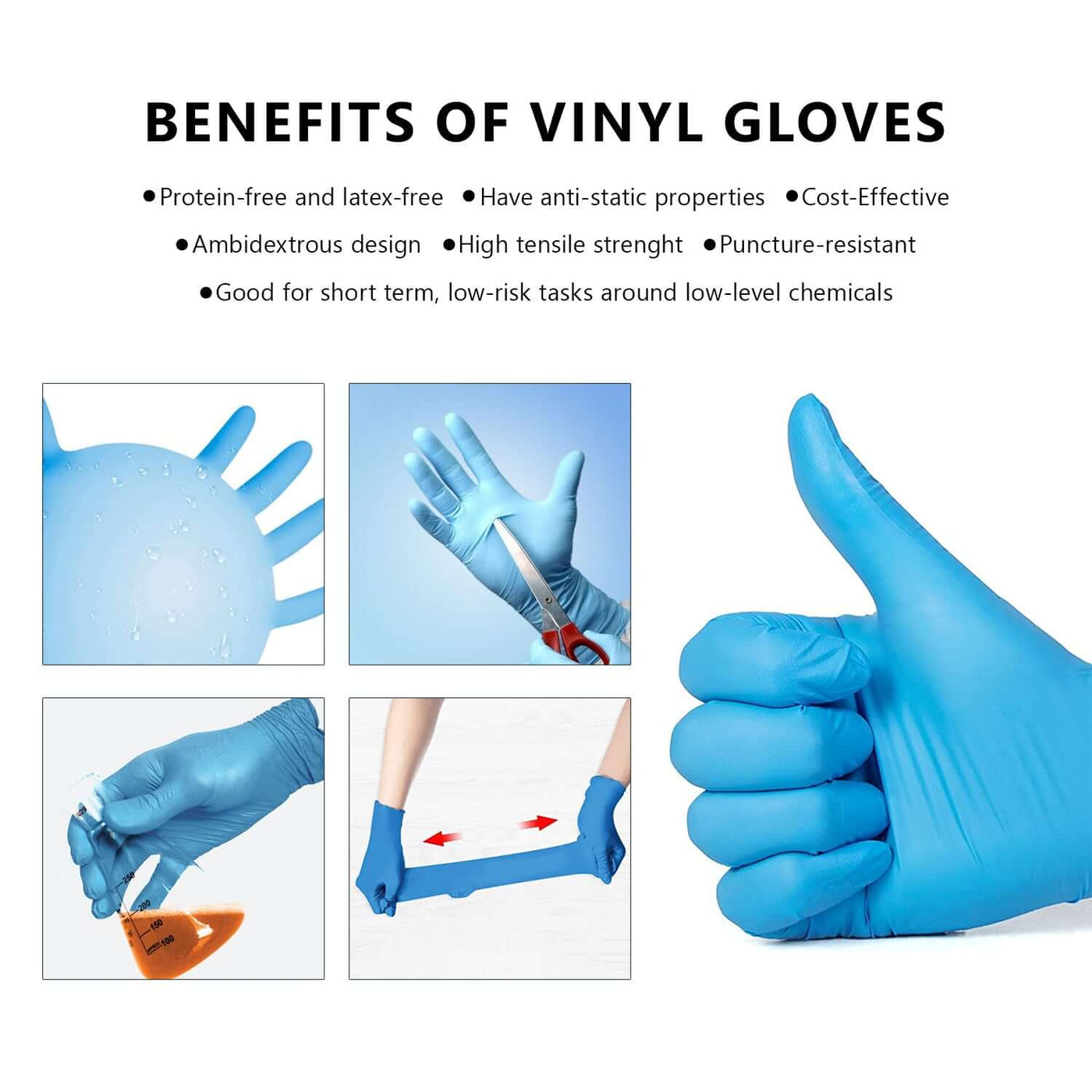 Blue Vinyl Gloves, Pack of 100, CE & EU Certified, Powder & Latex Free, Two-Handed, Multi-Purpose Disposable Gloves, Extra Strong, For home, kitchen, catering, restaurant. (6838757163107)